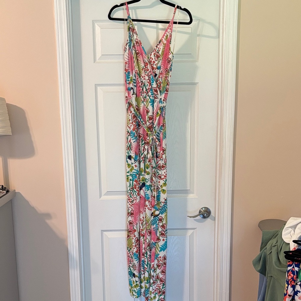 Tropical Print Spaghetti Strap Jumpsuit — Pink, Teal, Green